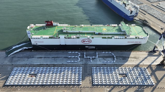 A BYD car-carrier ship is loaded with EVs for export at the port of Yantai, China, Jan. 10, 2024 (photo by Costfoto for NurPhoto via AP Images).