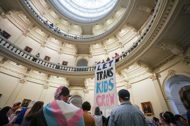 Equality Texas leadership drops a banner in the Capitol rotunda reading "let trans kids grow up" as LGBTQ rights activists protest SB14 at the Capitol of Texas Tuesday, May 2, 2023.