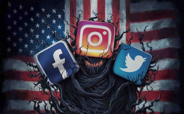 social media icons with an american flag in the background