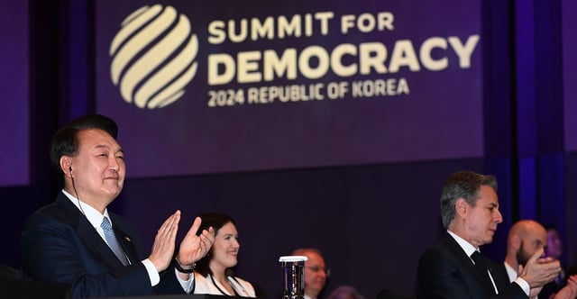 The ruling party’s election loss isn’t likely to affect South Korea's pro-U.S. security policies, as President Yoon Suk Yeol is expected to stay focused on strengthening alliances. Pictured: Yoon, left, and U.S. Secretary of State Antony Blinken, right, attend the March 18 opening ceremony for the third Summit for Democracy in Seoul, South Korea. (Photo: Kim Min-Hee/Pool/Getty Images)