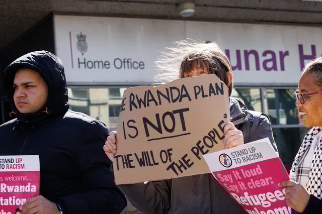 Campaigners protest against the British government’s Rwanda deportation scheme in London on Monday. Photo: EPA-EFE
