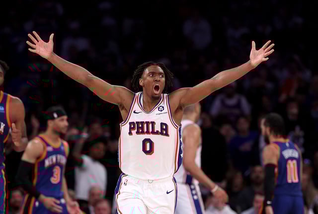 NEW YORK, NEW YORK - APRIL 30: Tyrese Maxey #0 of the Philadelphia 76ers reacts in the fourth quarter against the New York Knicks  at Madison Square Garden on April 30, 2024 in New York City. The Philadelphia 76ers defeated the New York Knicks 112-106 in overtime. NOTE TO USER: User expressly acknowledges and agrees that, by downloading and or using this photograph, User is consenting to the terms and conditions of the Getty Images License Agreement. (Photo by Elsa/Getty Images)