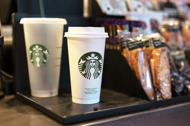A reusable cup for sale at a Starbucks coffee shop in Albany, New York, US, on Tuesday, Jan. 30, 2024. Starbucks Corp. released earnings figures on January 30.