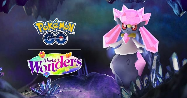 Pokemon Go Diancie, a pink Pokemon, next to the game's logo
