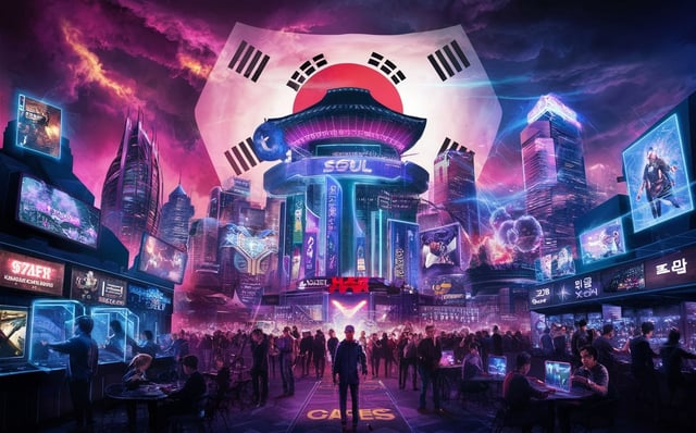 A striking vision of the future Seoul, where the city has become a thriving mecca for video gaming enthusiasts. The iconic skyline is ablaze with vibrant neon lights and advanced holographic advertisements for various games. The South Korean flag is proudly displayed, symbolizing the country's dominance in the global gaming industry. The atmosphere is electric, with gamers of all ages gathered in cafes and arcades, immersed in their virtual worlds. The futuristic skyline is dotted with cutting-edge architecture, as holographic billboards advertise the latest releases. The energy and excitement in this scene are palpable, reflecting the passion and dedication of the South Korean gaming community., poster