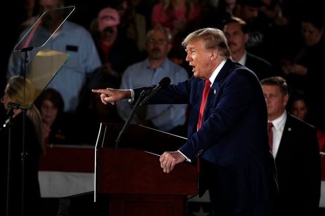 Former President Donald Trump speaks at a campaign rally in Waukesha, Wisconsin on May 1, 2024.