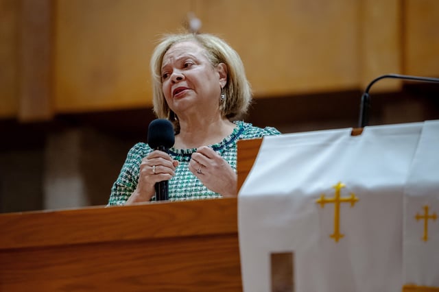 Charlotte Mayor Vi Lyles speaks during an interfaith vigil at Little Rock AME Zion Church in Charlotte, April 30, 2024. Local leaders and clergy led prayers of peace and healing after three U.S. Marshals and one Charlotte-Mecklenburg police officer were killed in the line of duty April 29.