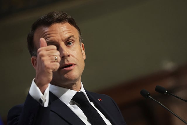 French President Emmanuel Macron delivers a speech on Europe in the amphitheatre of the Sorbonne University, on April 25 in Paris. Photo: Pool via AP