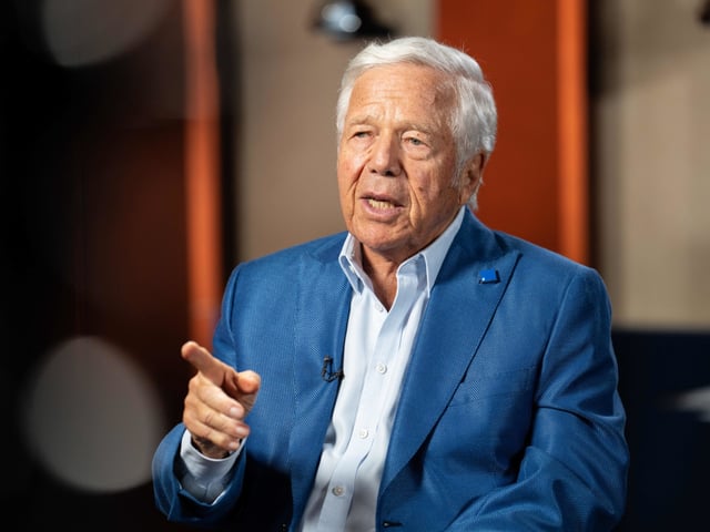 Robert Kraft, chairman, chief executive officer and founder of the Kraft Group, during an interview for an episode of "The David Rubenstein Show: Peer-to-Peer Conversations" in Foxborough, Massachusetts, US, on Tuesday, Aug. 15, 2023. Kraft is the owner of the New England Patriots football team which he bought in 1994, and also owns Gillette Stadium. Photographer: Mel Musto/Bloomberg