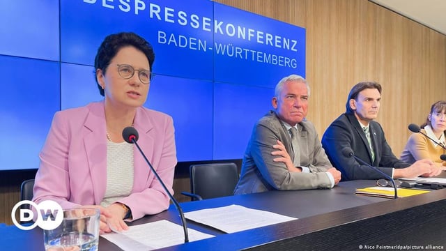 Four individuals, among them Baden-Württemberg's Minister for Justice and Migration Marion Gentges (l) and Interior Minister Thomas Strobl (second from l), at a May 2, 2024, press conference announcing a successful police operation against a network of fraud call centers