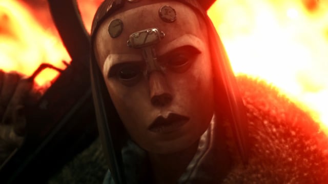 A player character with an ominous mask