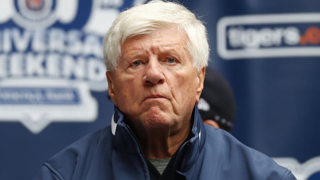 FILE - Jim Price is shown in Detroit, Friday, Sept. 7, 2018. Price, a former Detroit Tigers catcher who played on their 1968 championship team and broadcast analyst for decades, has died. He was 81. The Tigers announced his death Tuesday, Aug. 8, 2023.(AP Photo/Paul Sancya, File)
