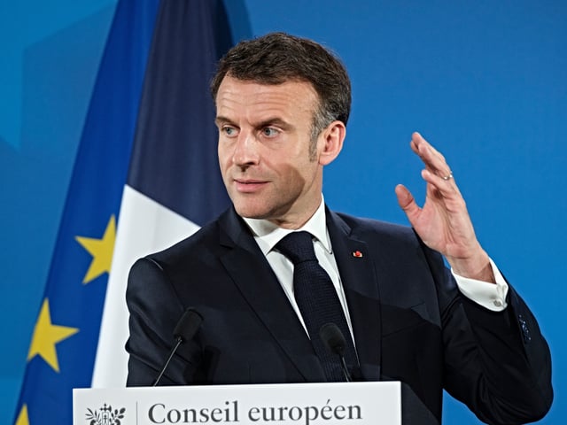 BRUSSELS, BELGIUM - MARCH 22: French President Emmanuel Macron speaks to media at the end of an EU Summit in the Justus Lipsius building, the EU Council headquarter on March 22, 2024 in Brussels, Belgium. On 21 and 22 March, the European Council adopted conclusions on Ukraine, security and defence, the Middle East, enlargement and reforms, external relations, migration, agriculture, preparedness and crisis response and the European Semester. (Photo by Thierry Monasse/Getty Images)