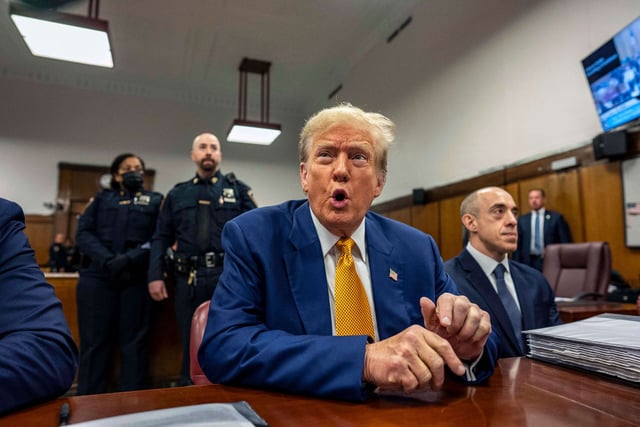 Former President Donald Trump attends his trial for allegedly covering up hush money payments at Manhattan Criminal Court on May 2, 2024, in New York City.