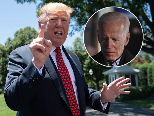 (INSET: Joe Biden) US President Donald Trump speaks with reporters at the White House in Washington, DC, on June 11, 2019. (Photo by Jim WATSON / AFP)        (Photo credit should read JIM WATSON/AFP/Getty Images)
