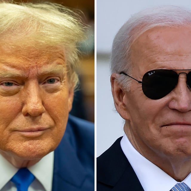 From left, Former President Donald Trump at Manhattan Criminal Court on May 3, 2024, in New York City. President Joe Biden departs the White House on May 03, 2024, in Washington, DC.