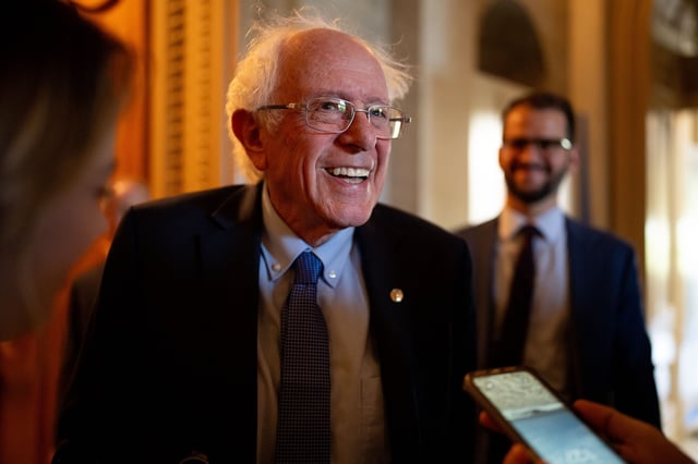 WASHINGTON, DC - APRIL 23: U.S. Sen. Bernie Sanders (I-VT) speaks to reporters outside the Senate Chamber on Capitol Hill on April 23, 2024 in Washington, DC. The Senate takes up a $95 billion foreign aid package today for Ukraine, Israel and Taiwan. (Photo by Andrew Harnik/Getty Images)