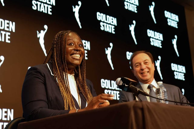 Warriors principal Joe Lacob, right, spoke at a news conference Monday where Ohemaa Nyanin was announced as the WNBA Golden State general manager at Chase Center.