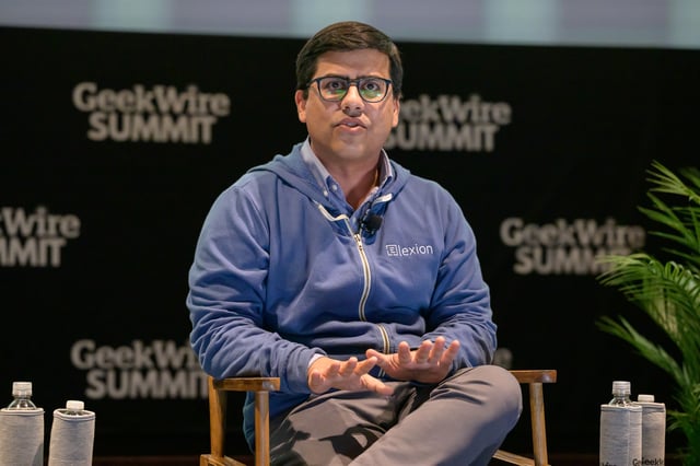 Gaurav Oberoi, Lexion CEO, during the 2023 GeekWire Summit in Seattle on Oct. 19. (GeekWire Photo / Kevin Lisota)