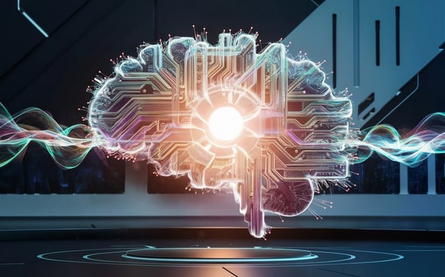 A generated image of a holographic AI brain with electrical current going into it