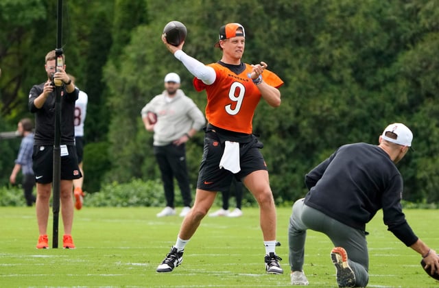 Cincinnati Bengals quarterback Joe Burrow return to the practice field during an offseason workout at the practice fields outside of Paycor Stadium Tuesday, May 7, 2024. Burrow is recovering from wrist surgery after a season-ending injury he suffered in a Week 11.