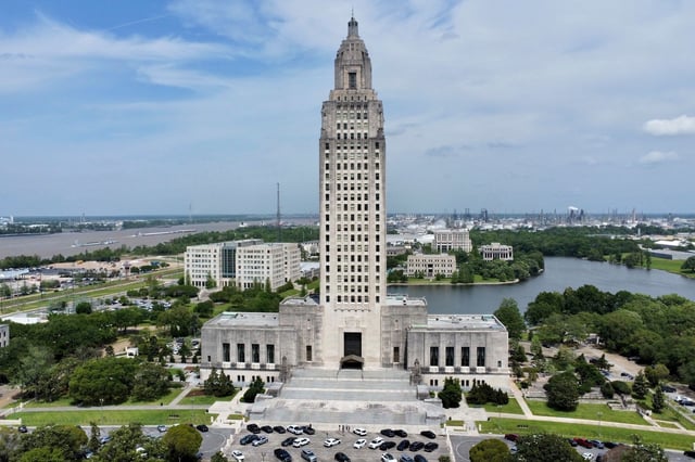 The Louisiana state Capitol stands prominently on April 4, 2023, in Baton Rouge, Louisiana.