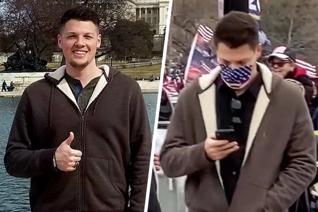 Zach Henry at the Capitol in 2017; the man identified by sleuths as Henry on Jan 6, 2021.
