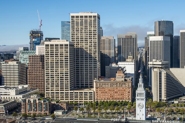 FILE – An aerial view of One Market Plaza on the Embarcadero. Google plans to leave Spear Tower, the tallest of the three buildings, but keep workers in the brick-facaded Landmark building.