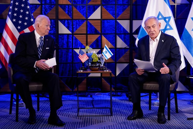 Israeli Prime Minister Benjamin Netanyahu meets with President Joe Biden on October 18, 2023. A rift between to the two leaders have opened after Biden threatened to withhold some weapons shipments to Israel. Photo: AP