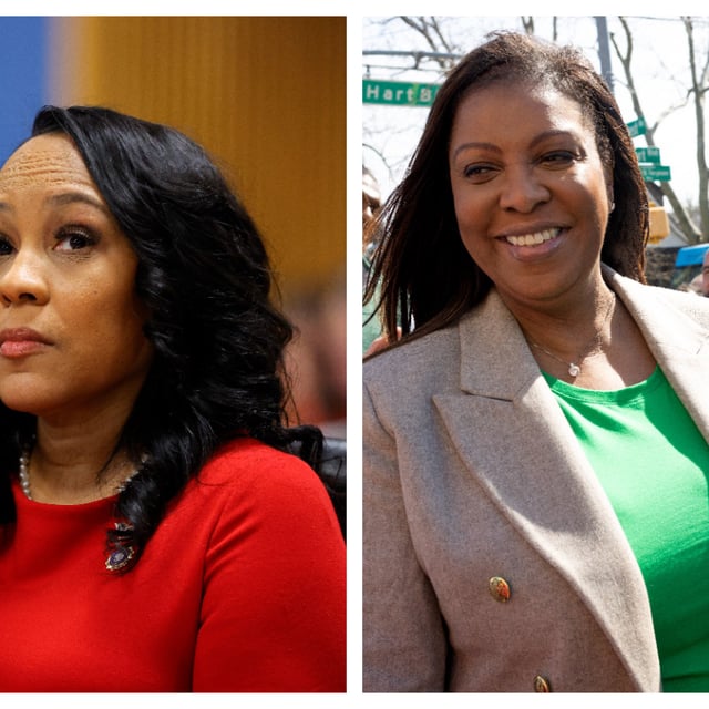 Left: Fani Willis looks on during a hearing in the case of the State of Georgia v. Donald John Trump at the Fulton County Courthouse on March 1, 2024, in Atlanta, Georgia. Right: New York State Attorney General Letitia James attends a local St Patricks Parade, March 17, 2024, in Staten Island, New York.