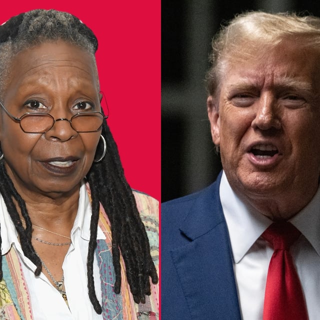 From left: Whoopi Goldberg is pictured on May 6, 2024 in New York City; Donald Trump is seen on May 10, 2024 in New York City. Trump has slammed Goldberg in response to a doctored meme.