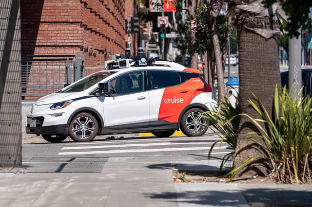 A Cruise autonomous taxi in San Francisco, California, US, on Thursday Aug. 10, 2023. California regulators are poised to decide whether two rival robotaxi services can provide around-the-clock rides throughout San Francisco, despite escalating fears about recurring incidents that have caused the driverless vehicles to block traffic or imperil public safety, reported the AP. Photographer: David Paul Morris/Bloomberg