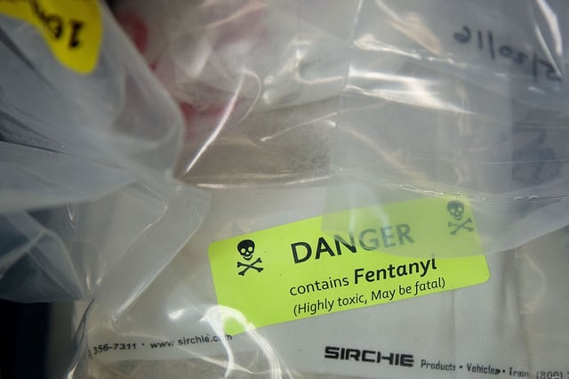 Bags of heroin, some laced with fentanyl, are displayed before a press conference regarding a major drug bust, at the office of the New York Attorney General  in New York City, NY on September 23, 2016.