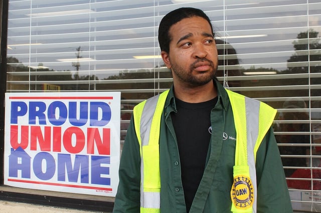 Mercedes worker Rob Lett stands outside the UAW's Local 112 in Coaling, Alabama, May 9, 2024. The Mercedes plant is in nearby Vance, Alabama.