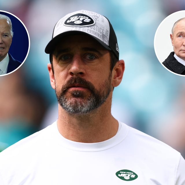 Main: Aaron Rodgers looks on prior to the New York Yets vs Miami Dolphins game at Hard Rock Stadium on December 17, 2023 in Miami Gardens, Florida. Inset left: President Joe Biden, April 2024. Inset right: Vladimir Putin, 07 May, 2024.