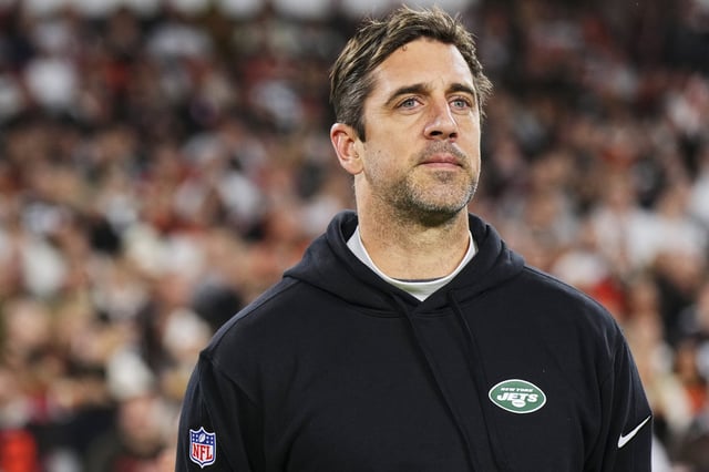 Aaron Rodgers of the New York Jets at Cleveland Browns Stadium on Dec. 28, 2023 in Cleveland, Ohio. 