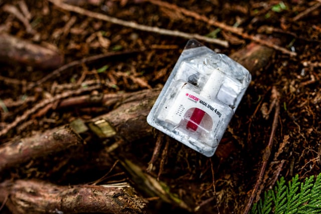 A container of Narcan at a homeless encampment in Bellingham, Wash., on Feb. 8, 2024.