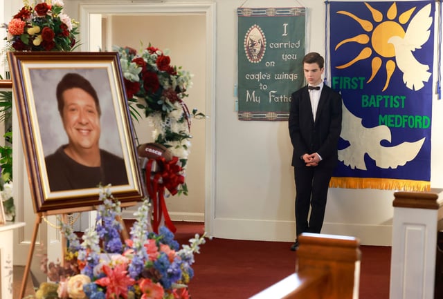Sheldon (Iain Armitage) at his father's funeral in the first episode of the two-episode "Young Sheldon" finale.