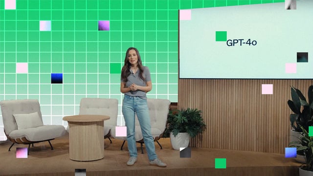 A cutout still from the ChatGPT-4o demo video against a background of checkerboard green and pink squares.