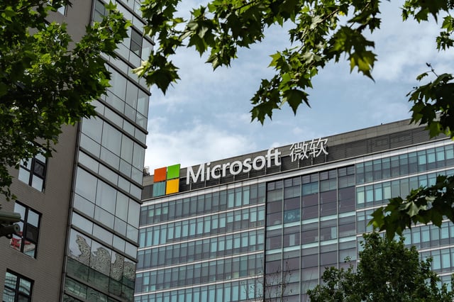 Signage for Microsoft Corp. atop the company's offices in Beijing, China, on Thursday, May 16, 2024.