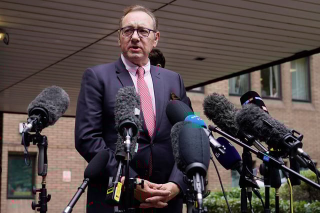 Actor Kevin Spacey addresses the media outside Southwark Crown Court in London, Wednesday, July 26, 2023. A Jury cleared Kevin Spacey of nine sex offences. The Hollywood star, 64, had been on trial at Southwark Crown Court accused of sexually assaulting four men in the period between 2001 and 2013.