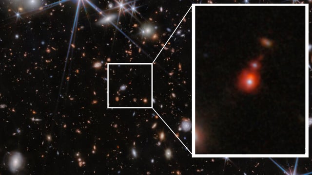 Three panels are shown showing an increasingly small area of the PRIMER galaxy field. The first image shows a large field of galaxies on the black background of space. The second image shows a smaller region from this field, revealing the galaxies in closer detail, appearing in a variety of shapes and colours. The final image shows the ZS7 galaxy system, revealing the ionised hydrogen emission in orange and the doubly ionised oxygen