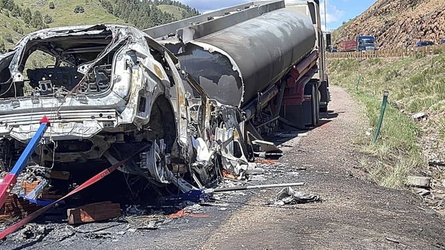 This image provided by the Jefferson County Sheriff's Office shows the remains of a tanker truck after a crash on Colorado's main east-west highway near Denver on Thursday, May 16, 2024. (Jefferson County Sheriff's Office via AP)