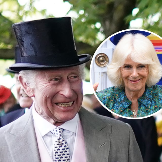King Charles III photographed at a Buckingham Palace garden Party, May 15, 2024. And (inset) Queen Camilla photographed in Rye, England, May 16, 2024. The queen said Charles is "getting better" as he receives treatment for cancer.