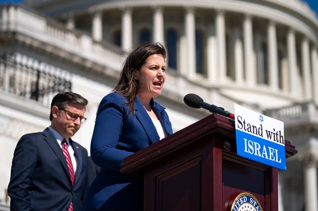 US House Speaker Mike Johnson, a Republican from Louisiana, left, and Representative Elise Stefanik, a Republican from New York, during a news conference outside the US Capitol in Washington, DC, US, on Thursday, May 16, 2024. The House is set to vote on legislation to ensure US security assistance is delivered promptly to Israel after President Joe Biden said he wouldn't provide weapons to be used for action in Rafah in southern Gaza.