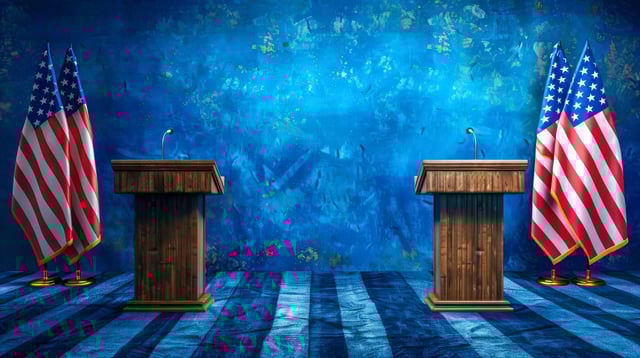 An AI-generated image of two wooden lecterns on a debate stage, flanked by American flags. The background is blue, and the stage floor resembles the stripes of the American flag.