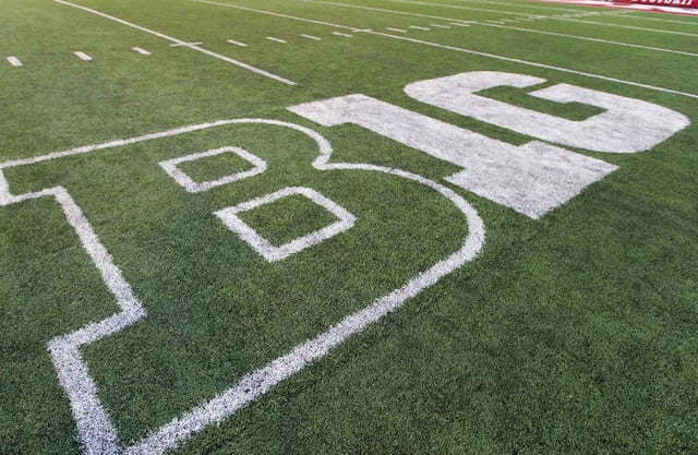 The Big Ten logo on the field at Camp Randall Stadium following the game between Northwestern and Wisconsin Badgers.