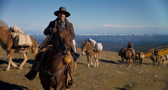Costner on horseback as Hayes Ellison in Chapter 1 of Horizon