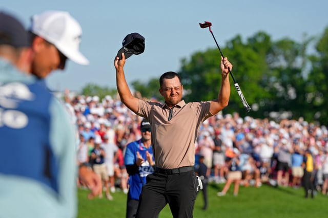 May 19, 2024; Louisville, Kentucky, USA; Xander Schauffele celebrates after winning the PGA Championship golf tournament at Valhalla Golf Club. Mandatory Credit: Clare Grant-USA TODAY Sports