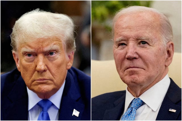 Combination picture showing former US President Donald Trump in New York, NY on November 6, 2023 and US President Joe Biden at the White House in Washington, D.C. on March 1, 2024.